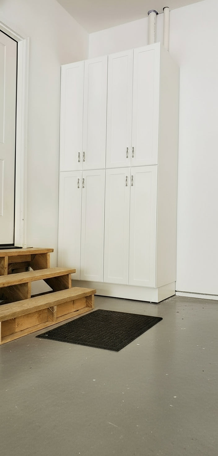 pure white painted garage storage cabinet.